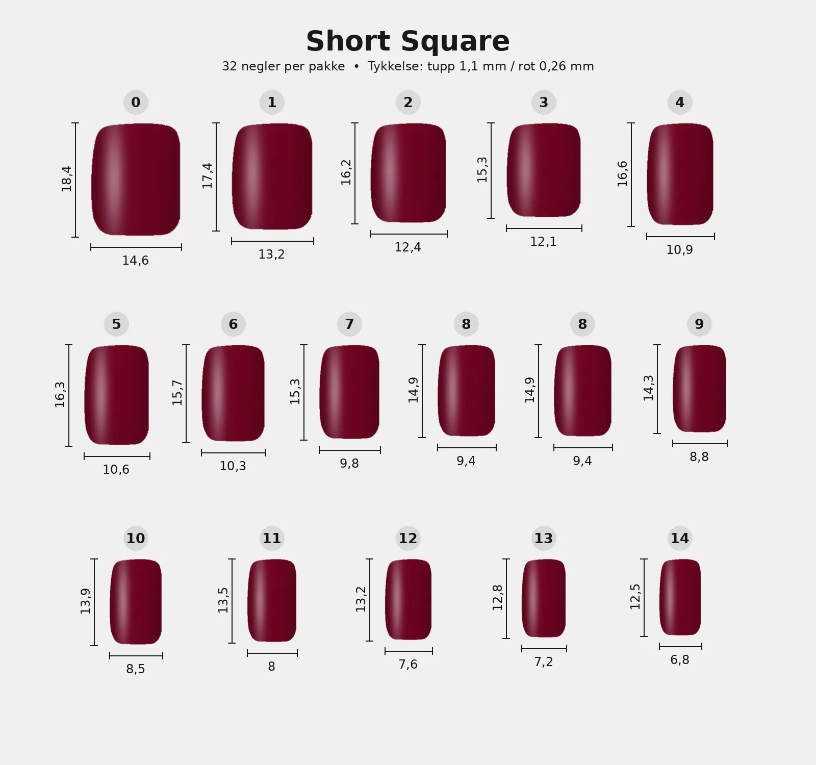 Størrelsesguide for Short Square